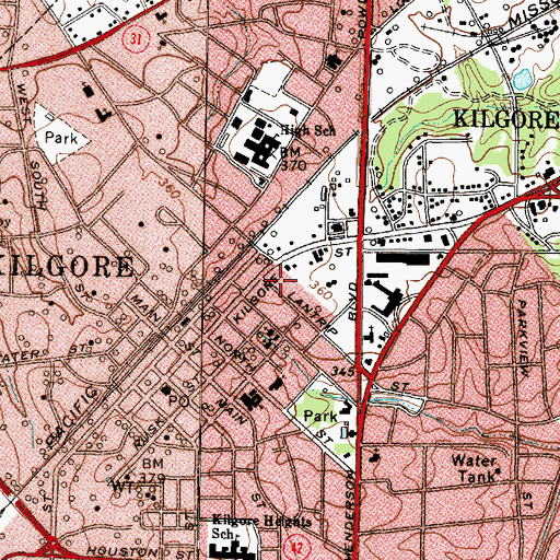 Topographic Map of Kilgore Post Office, TX