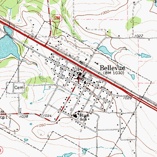 Topographic Map of Bellevue Post Office, TX