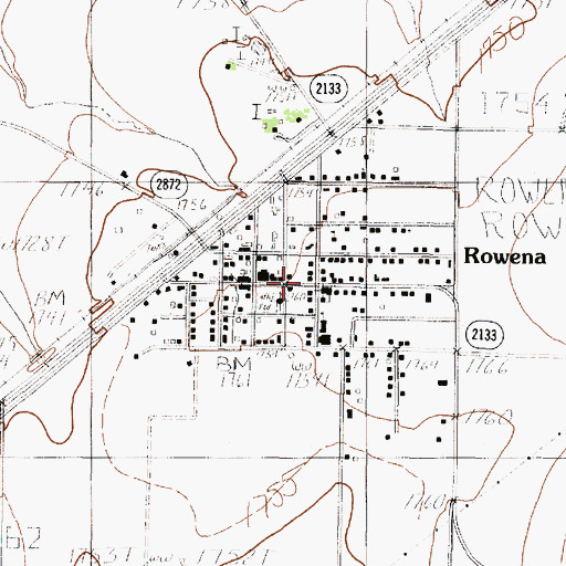 Topographic Map of Rowena Post Office, TX