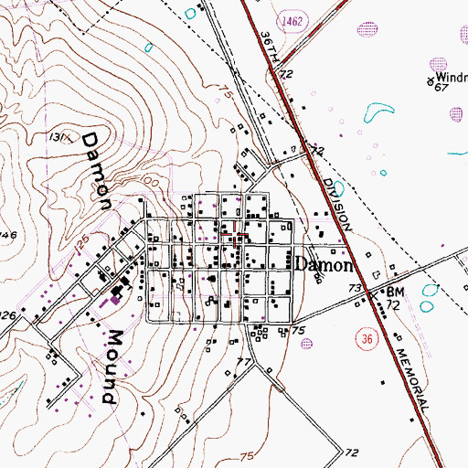 Topographic Map of Damon Post Office, TX