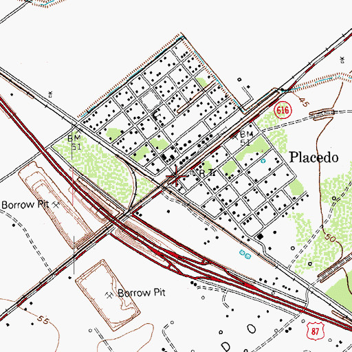 Topographic Map of Placedo Post Office, TX