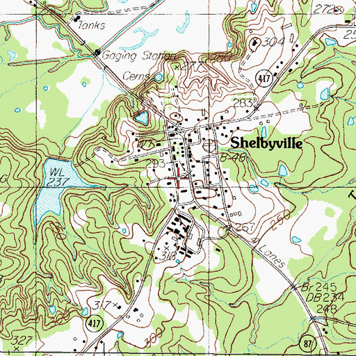 Topographic Map of Shelbyville Post Office, TX