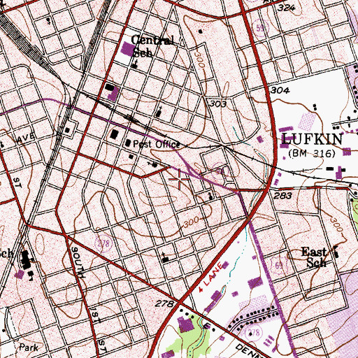 Topographic Map of Downtown Lufkin Post Office, TX