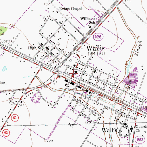 Topographic Map of Wallis Post Office, TX