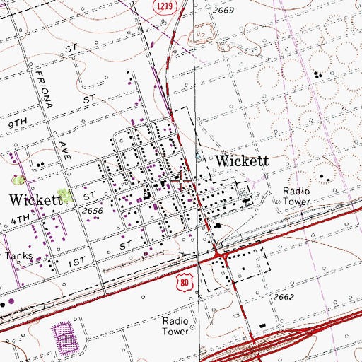 Topographic Map of Wickett Post Office, TX