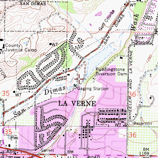 Topographic Map of Puddingstone Diversion Dam, CA