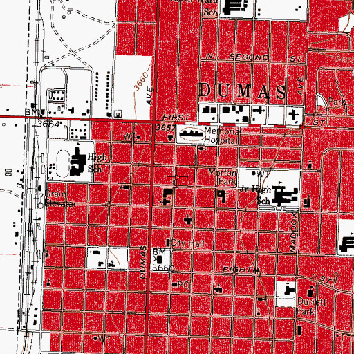 Topographic Map of Dumas Post Office, TX