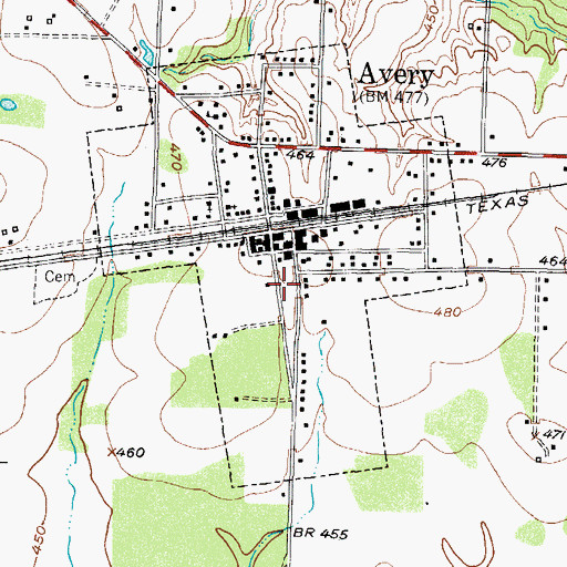 Topographic Map of Avery Post Office, TX