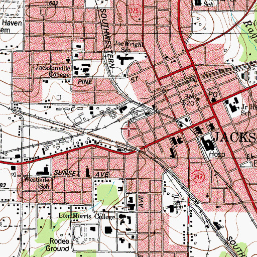 Topographic Map of Jacksonville Post Office, TX