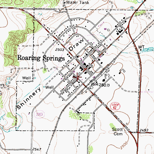 Topographic Map of Roaring Springs Post Office, TX