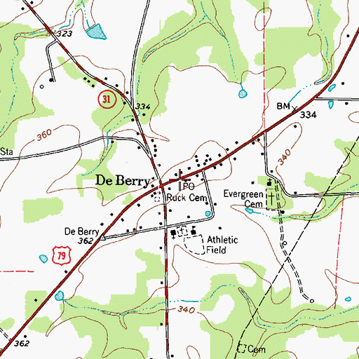 Topographic Map of De Berry Post Office, TX