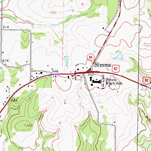 Topographic Map of Simms Post Office, TX