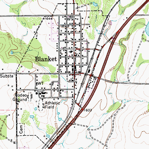 Topographic Map of Blanket Post Office, TX