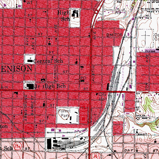 Topographic Map of Denison Post Office, TX