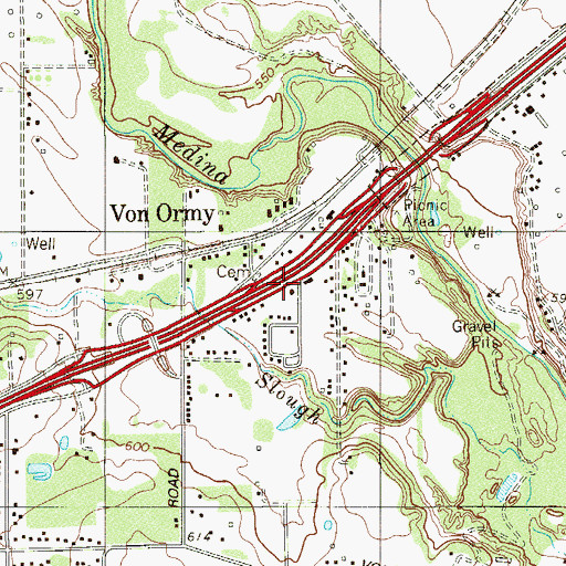 Topographic Map of Von Ormy Post Office, TX