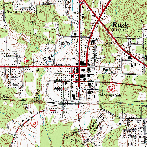 Topographic Map of Rusk Post Office, TX