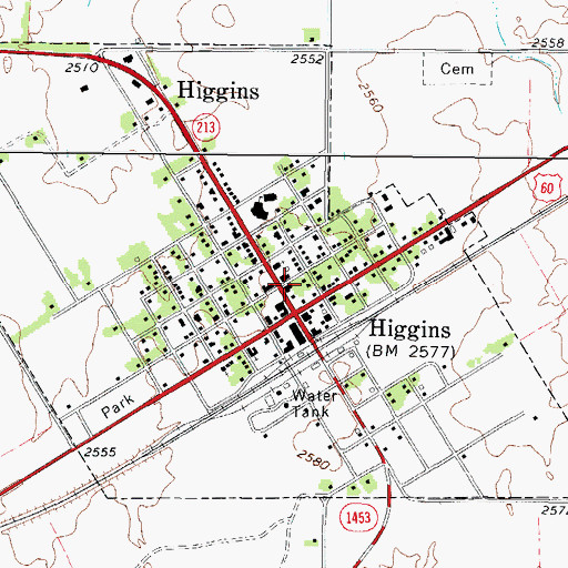 Topographic Map of Higgins Post Office, TX