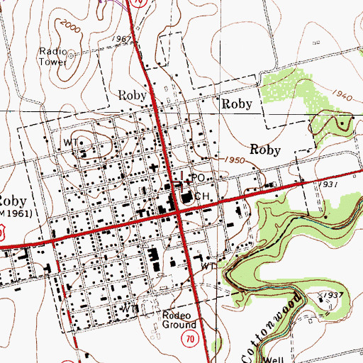 Topographic Map of Roby Post Office, TX