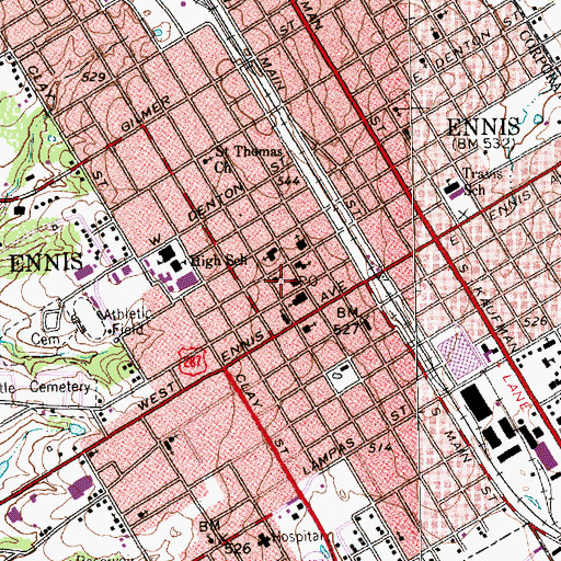Topographic Map of Ennis Post Office, TX