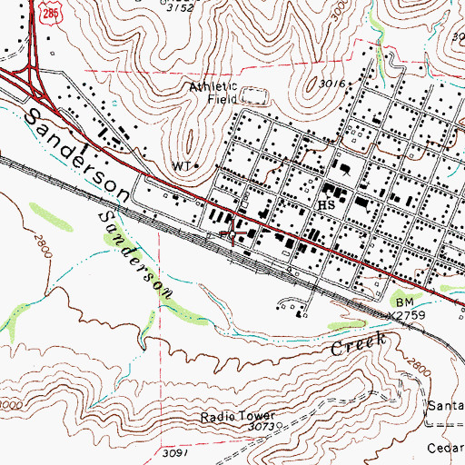 Topographic Map of Sanderson Post Office, TX