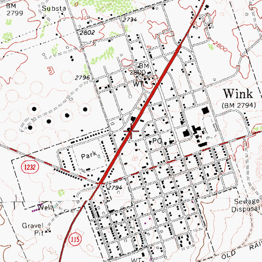 Topographic Map of Wink Post Office, TX