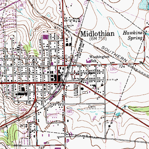 Topographic Map of Midlothian Post Office, TX