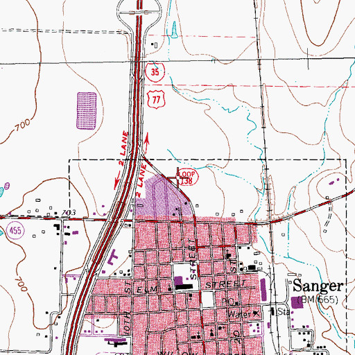 Topographic Map of Sanger Post Office, TX
