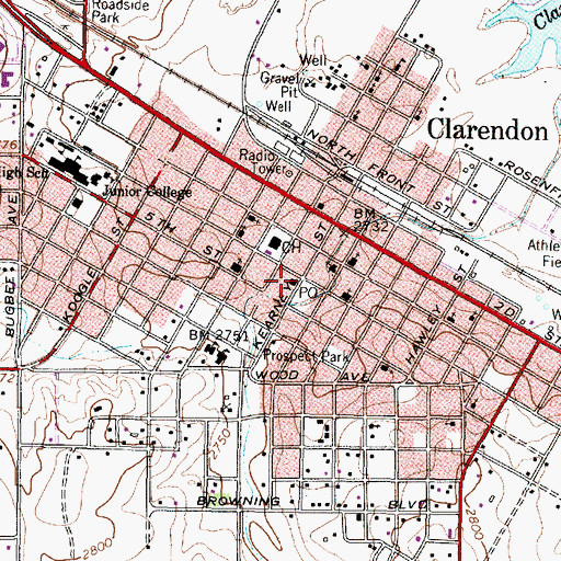 Topographic Map of Clarendon Post Office, TX