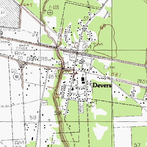Topographic Map of Devers Post Office, TX