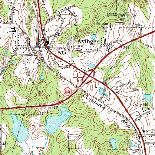 Topographic Map of Avinger Post Office, TX