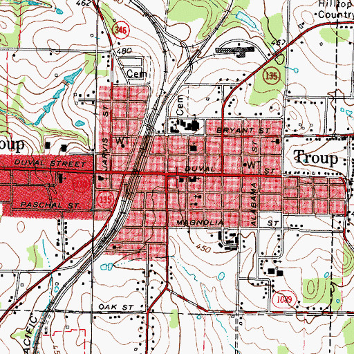 Topographic Map of Troup Post Office, TX