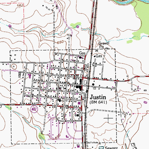 Topographic Map of Justin Post Office, TX