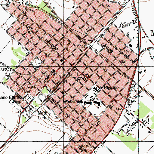 Topographic Map of Mathis Post Office, TX