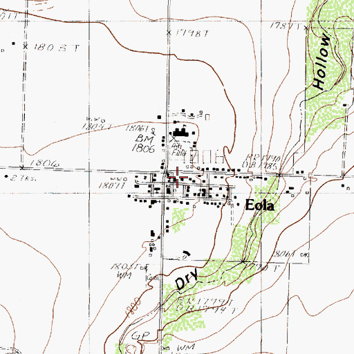 Topographic Map of Eola Post Office, TX