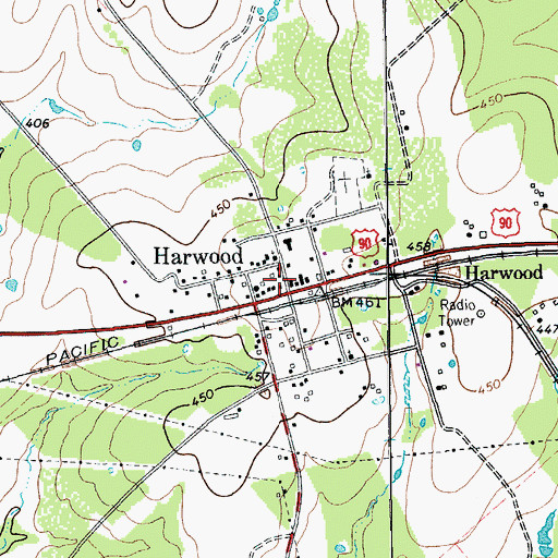 Topographic Map of Harwood Post Office, TX