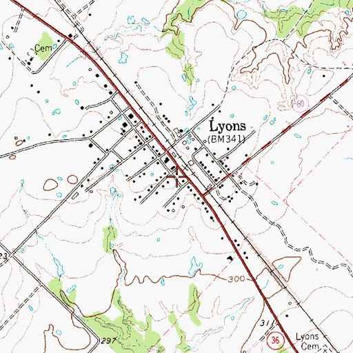 Topographic Map of Lyons Post Office, TX