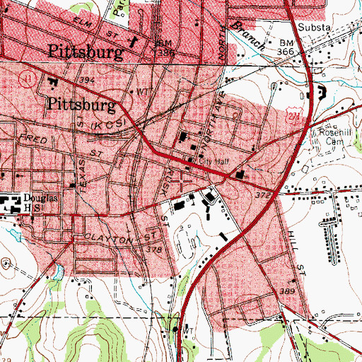 Topographic Map of Pittsburg Post Office, TX
