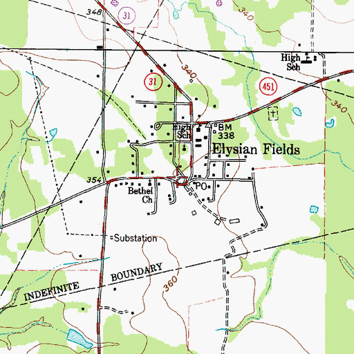 Topographic Map of Elysian Fields Post Office, TX
