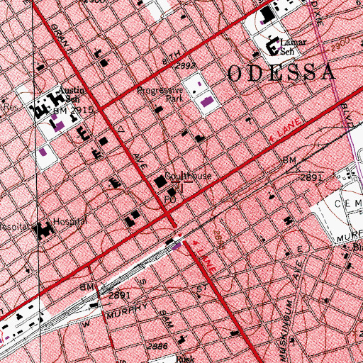 Topographic Map of Odessa Post Office, TX