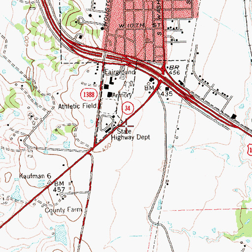 Topographic Map of Kaufman Post Office, TX