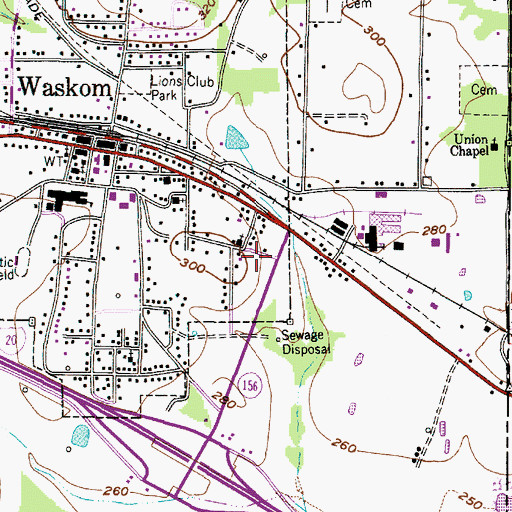 Topographic Map of Waskom Post Office, TX