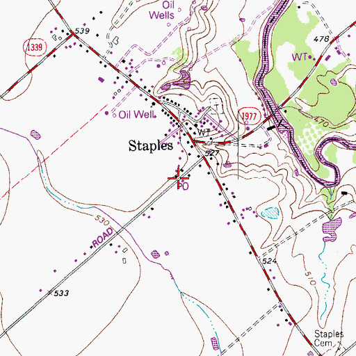 Topographic Map of Staples Post Office, TX
