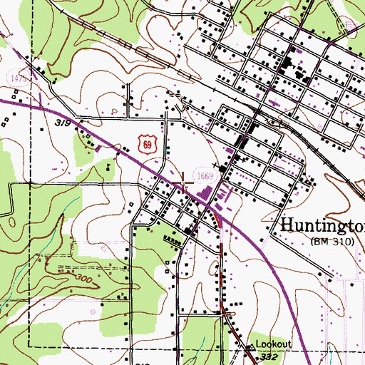 Topographic Map of Huntington Post Office, TX