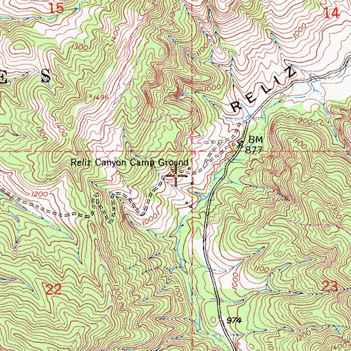 Topographic Map of Reliz Canyon Camp Ground, CA