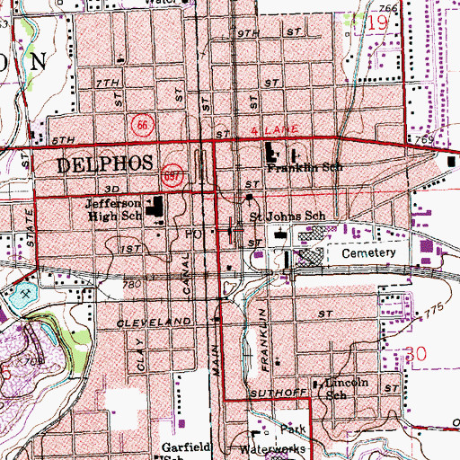 Topographic Map of Delphos Police Department, OH