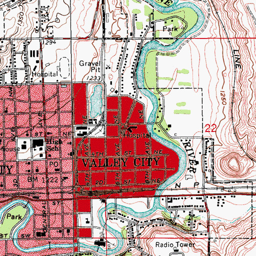 Topographic Map of Mercy Hospital Valley City, ND