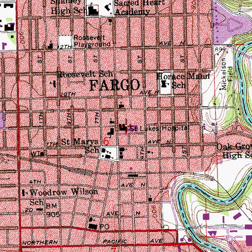 Topographic Map of Sanford Health Medical Center, ND