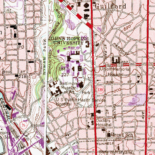 Topographic Map of John Hopkins University Safety and Security Homewood Campus, MD