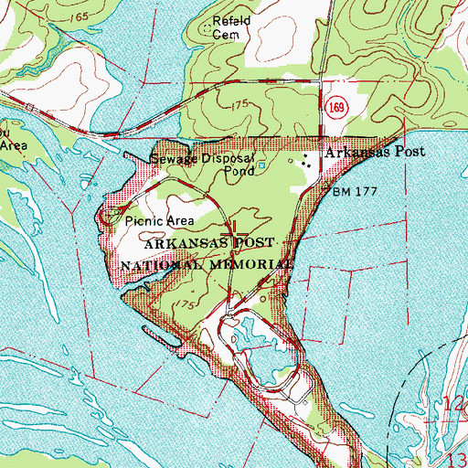 Topographic Map of Arkansas Post National Memorial, AR