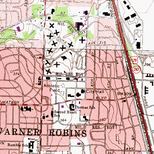 Topographic Map of Warner Robins Police Department, GA